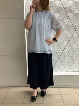 「TOKYO SHIRTS（トウキョウシャツ）のストライプ シフォンブラウス 五分袖（シャツ/ブラウス、ホワイト系）」を使った、BRICK HOUSE シャツ工房 さっぽろ地下街ポールタウン店さん（レディース・155cm）の夏コーディネート
