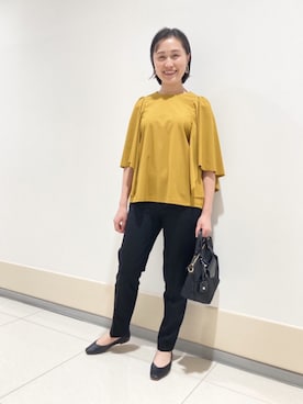 「qualite（カリテ）のトリコットラッフルスリーブカットソー（Tシャツ/カットソー、イエロー系）」を使った、s.syoさん（レディース・158cm）の秋コーディネート