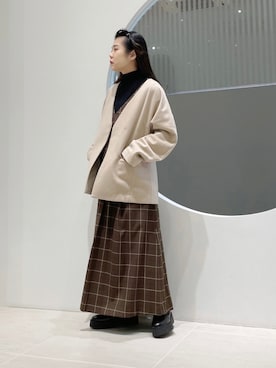 「KBF（ケイビーエフ）のアイテム（ノーカラージャケット）」を使った、きっしゃんさん（レディース・151cm）の秋コーディネート