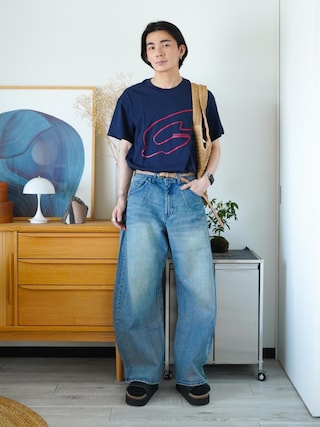 「WYM LIDNM(ウィム バイ リドム)のARC CURVED DRAPE DENIM(デニムパンツ)」を使った、idakaさん(メンズ・172cm)の夏コーディネート