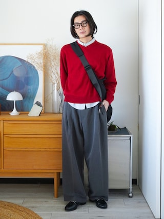 「WYM LIDNM(ウィム バイ リドム)のSILK BLEND V-NECK KNIT(ニット/セーター)」を使った、idakaさん(メンズ・172cm)の秋コーディネート