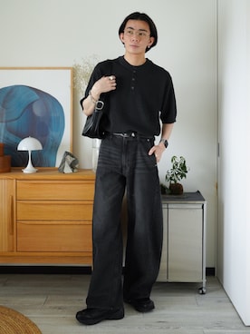 「WYM LIDNM（ウィム バイ リドム）のAZE H/S KNIT HENLEY（ニット/セーター、グレー系）」を使った、idakaさん（メンズ・172cm）の春コーディネート