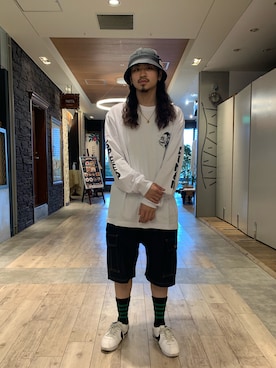 「XLARGE（エクストララージ）のアイテム（ハット）」を使った、岡崎　航さん（メンズ・162cm）の夏コーディネート