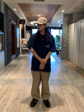 「XLARGE（エクストララージ）のアイテム（キャップ）」を使った、岡崎　航さん（メンズ・162cm）の夏コーディネート