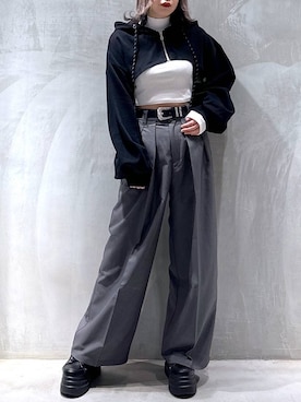 「PAGEBOY（ページボーイ）のモードバックルベルト2（ベルト、ブラック系）」を使った、Yunさん（レディース・160cm）の秋コーディネート