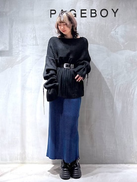 「PAGEBOY（ページボーイ）のモードバックルベルト2（ベルト、ブラック系）」を使った、Yunさん（レディース・160cm）の冬コーディネート