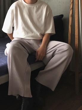 「UNIQLO（ユニクロ）のエアリズムコットンオーバーサイズTシャツ（5分袖）（Tシャツ/カットソー、ホワイト系）」を使った、attenti0nさん（メンズ）の夏コーディネート
