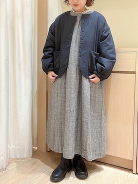 「チェックワンピース」｜「アイテム（ノーカラージャケット）」を使った、orinaさん（レディース・153cm）の秋コーディネート
