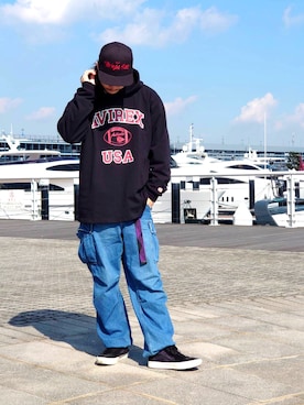 「AVIREX（アヴィレックス）の【直営店限定】エアフォース ベースキャップ/AIR FORCE BACES CAP（キャップ）」を使った、KaWaMaさん（メンズ・175cm）の冬コーディネート