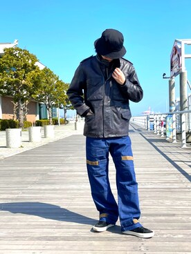 「ミリタリーコーデ」｜「アイテム（ライダースジャケット）」を使った、KaWaMaさん（メンズ・175cm）の春コーディネート