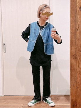 「UNIQLO（ユニクロ）のワッフルヘンリーネックT（長袖）（Tシャツ/カットソー）」を使った、yuさん（レディース・158cm）の夏コーディネート