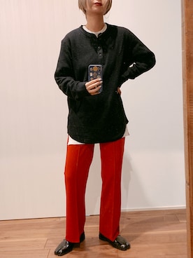 「UNIQLO（ユニクロ）のワッフルヘンリーネックT（長袖）（Tシャツ/カットソー）」を使った、yuさん（レディース・158cm）の冬コーディネート