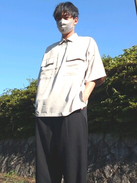 「MONO-MART（モノマート）のTRストレッチ タックワイドスラックスパンツ 2021 SPRING / セットアップ可（スラックス、ブラック系）」を使った、焼きうどんさん（メンズ・178cm）の夏コーディネート