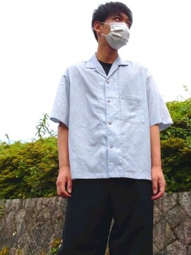 「WYM LIDNM（ウィム バイ リドム）の【WYM LIDNM】PYTHON DRAPE OPEN COLLAR SHIRT（シャツ/ブラウス、グレー系）」を使った、焼きうどんさん（メンズ・178cm）の夏コーディネート