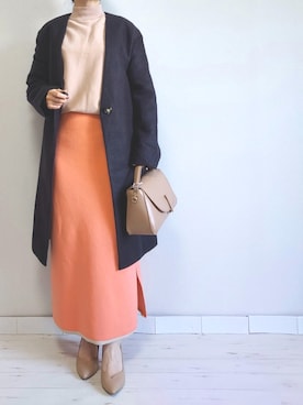 「ネイビー」｜「アイテム（ノーカラーコート）」を使った、M.deux STAFF１さん（レディース・148cm）の冬コーディネート