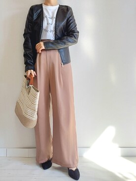 「フェイクレザー」｜「アイテム（ノーカラージャケット）」を使った、M.deux STAFF１さん（レディース・148cm）の冬コーディネート