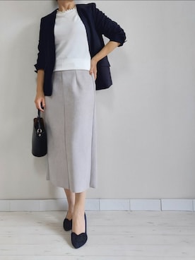 「M.deux（エムドゥ）のアイテム（ノーカラージャケット）」を使った、M.deux STAFF１さん（レディース・148cm）の冬コーディネート