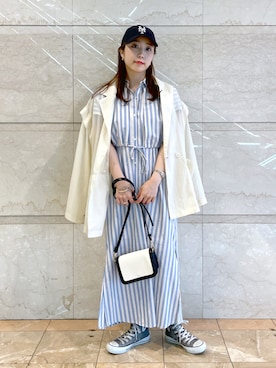「ワンピース×スニーカー」｜「アイテム（シャツワンピース）」を使った、akaneさん（レディース・155cm）の春コーディネート