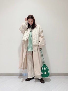 「巾着バッグ」｜「アイテム（ミリタリージャケット）」を使った、akaneさん（レディース・155cm）の冬コーディネート