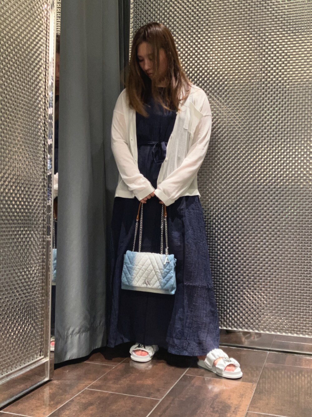 「AXchanger、AXchange、アルマーニエクスチェンジ、夏コーデ、休日コーデ、低身長コーデ」｜「ARMANI EXCHANGEの【A|X アルマーニ エクスチェンジ】シアーロングワンピース（ワンピース、ブルー系）」を使った、myc.☻*さん（レディース・155cm）の春コーディネートの1枚目の写真