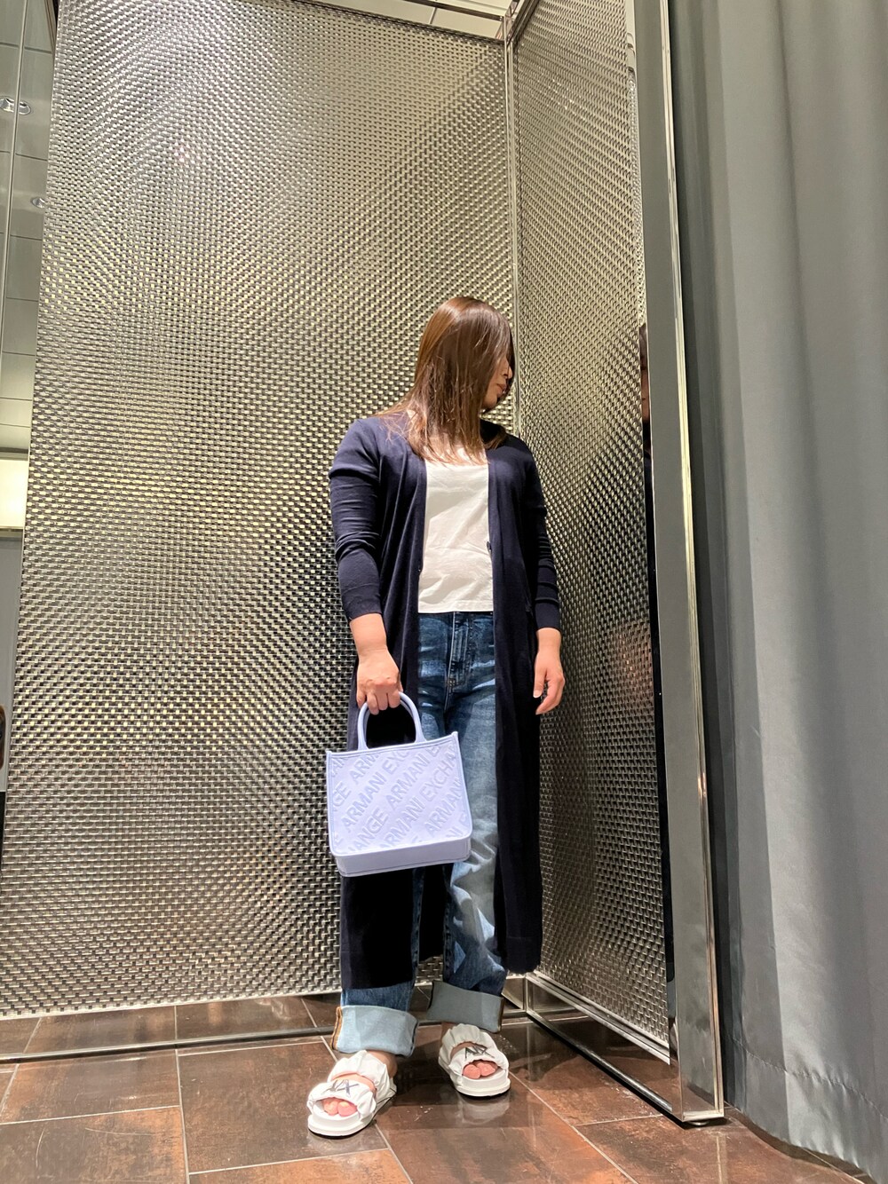 「AXchanger、AXchange、アルマーニエクスチェンジ、低身長、シンプル」｜「ARMANI EXCHANGEの【A|X アルマーニ エクスチェンジ】ロゴ　ニットカーディガン（カーディガン/ボレロ、ブルー系）」を使った、myc.☻*さん（レディース・155cm）の春コーディネートの1枚目の写真