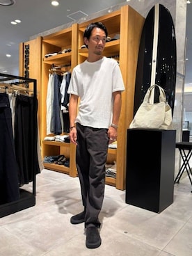 「アイテム（スリッポン）」を使った、Nishio_TOMORROWLANDさん（メンズ・183cm）の夏コーディネート