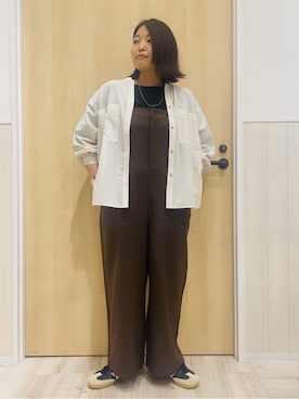 「DRESKIP（ドレスキップ）の【洗える】羽織れる ビックポケットVネックシャツ（シャツ/ブラウス、ベージュ系）」を使った、すーさん（レディース・160cm）の秋コーディネート