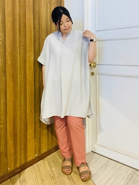 「SHOO・LA・RUE（シューラルー）の【S-LL/ひんやり】涼しく楽に体型カバー　ゆったりスキッパー 半袖チュニックワンピース（チュニック）」を使った、すーさん（レディース・160cm）の夏コーディネート