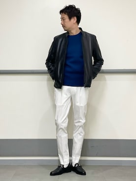 「アイテム（ライダースジャケット）」を使った、OMI2さん（メンズ・180cm）の夏コーディネート