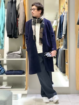 「アイテム（ノーカラーコート）」を使った、OMI2さん（メンズ・180cm）の秋コーディネート