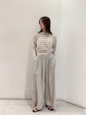 「URBAN RESEARCH（アーバンリサーチ）のマルチボーダー2WAYカットソー（Tシャツ/カットソー、ベージュ系）」を使った、suzukoさん（レディース・161cm）の春コーディネート