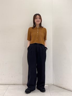 「URBAN RESEARCH（アーバンリサーチ）のシャツカラーレースニット（ニット/セーター、ブラウン系）」を使った、suzukoさん（レディース・161cm）の春コーディネート