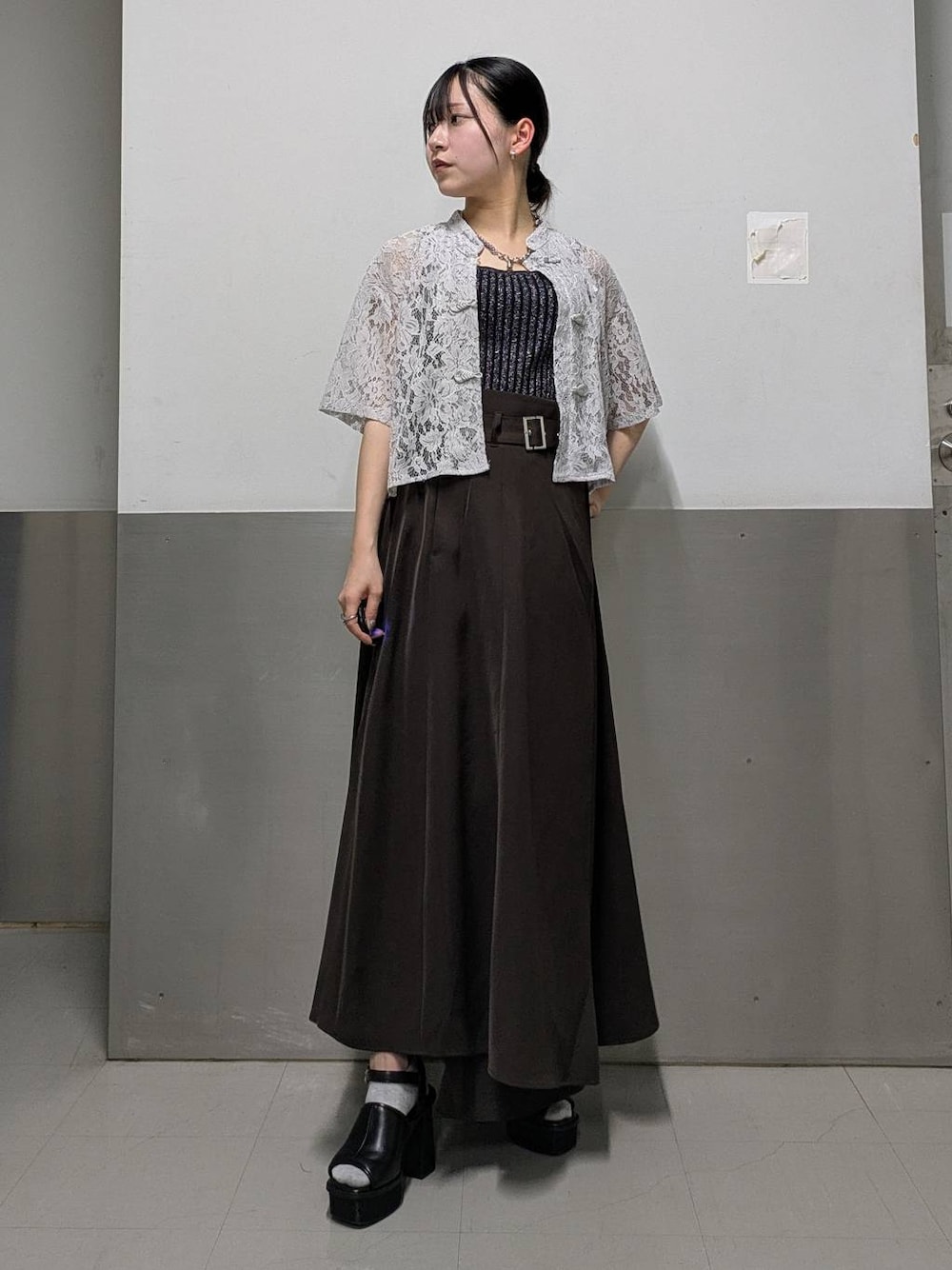 「ヘルシー、スカート、低身長、女子ウケ、モード、デート/ロマンティック、骨格ウェーブ、個性派、モテ、ベーシック/シンプル、きれいめ、HARE、夏コーデ」｜「HAREの2WAYスクエアラメニットタンクトップ(HARE)（タンクトップ、ブラック系）」を使った、natsuki_s2さん（レディース・153cm）の夏コーディネートの1枚目の写真