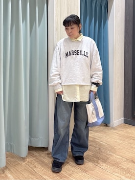 「SHOO・LA・RUE（シューラルー）の【SHOO・LA・RUE DENIM】こなれ感をプラスする カーブパンツ（デニムパンツ、ブルー系）」を使った、わかさん（レディース・160cm）の冬コーディネート