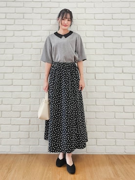 「SHOO・LA・RUE（シューラルー）の【通気性〇/セットアップ可】サマーツイード調衿付き半袖ブラウス（シャツ/ブラウス、グレー系）」を使った、ゆゆさん（レディース・161cm）の夏コーディネート