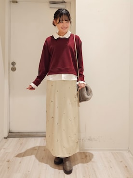 「SHOO・LA・RUE（シューラルー）の【S-LL/洗濯機可】一枚でレイヤード感が完成する シャツドッキング裏毛トップス（Tシャツ/カットソー、レッド系）」を使った、ゆゆさん（レディース・161cm）の秋コーディネート