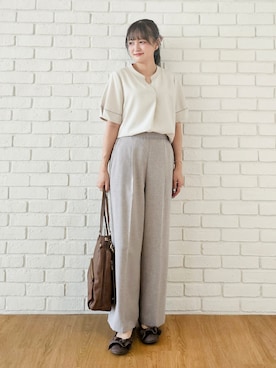 「SHOO・LA・RUE（シューラルー）の【洗濯後しわになりにくい／インせずきまる】麻調ハシゴレーススキッパーブラウス（シャツ/ブラウス、ホワイト系）」を使った、ゆゆさん（レディース・161cm）の夏コーディネート