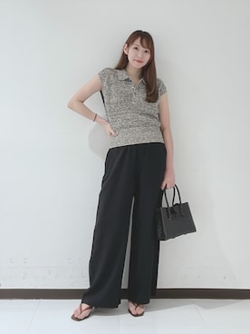 「URBAN RESEARCH（アーバンリサーチ）のシャツカラーメッシュニット（ニット/セーター、ブラック系）」を使った、YUMIさん（レディース・158cm）の夏コーディネート