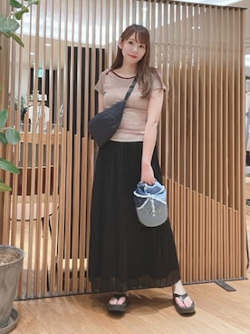 「MILLER（ミラー）の『別注』Miller×URBAN RESEARCH　PRIB T-SHIRTS（Tシャツ/カットソー、ブラウン系）」を使った、YUMIさん（レディース・158cm）の夏コーディネート