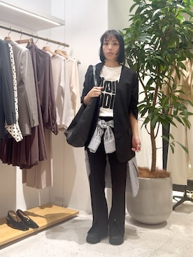 「Whim Gazette（ウィムガゼット）のシアーノーカラージャケット（ノーカラージャケット、ブラック系）」を使った、ODAKAさん（レディース・153cm）の春コーディネート