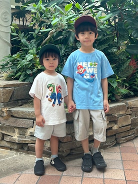 「GU（ジーユー）のアイテム（帽子）」を使った、さっくん＆かいくんさん（キッズ・110cm）の夏コーディネート