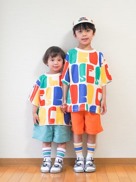 「BOBO CHOSES（ボボショーズ）のBobo Choses color block cap（キャップ、その他）」を使った、さっくん＆かいくんさん（キッズ・110cm）の夏コーディネート