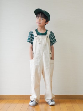 「Life Support Products（ライフサポートプロダクツ）の【COTTON from U.S.A】ビッグポケットデニムオーバーオール（サロペット/オーバーオール、ホワイト系）」を使った、さっくん＆かいくんさん（キッズ・110cm）の夏コーディネート