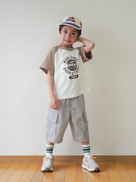 「BOBO CHOSES（ボボショーズ）のBobo Choses color block cap（キャップ、その他）」を使った、さっくん＆かいくんさん（キッズ・110cm）の夏コーディネート