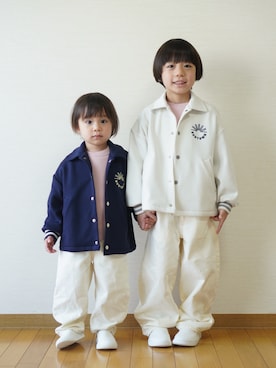 「UNIQLO（ユニクロ）のウォッシャブルミラノリブセーター（ニット/セーター、ピンク系）」を使った、さっくん＆かいくんさん（キッズ・110cm）の春コーディネート