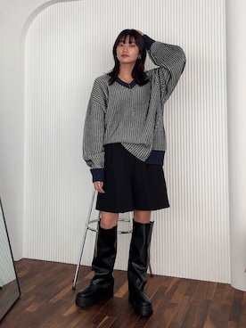 「KBF（ケイビーエフ）のカバーデザインロングブーツ（ブーツ）」を使った、Hinaさん（レディース・160cm）の秋コーディネート