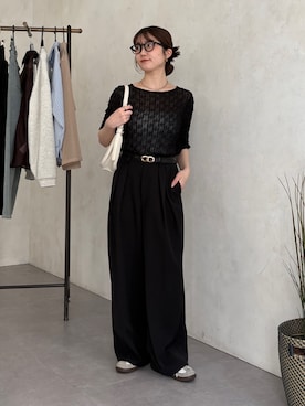 「Thevon（ゼボン）のウェーブ柄5分袖シアープルオーバー（Tシャツ/カットソー、ブラック系）」を使った、omochiさん（レディース・154cm）の春コーディネート