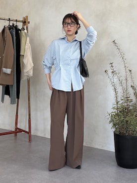 「Thevon（ゼボン）のウエストベルトストライプシャツ（シャツ/ブラウス、ブルー系）」を使った、omochiさん（レディース・154cm）の春コーディネート