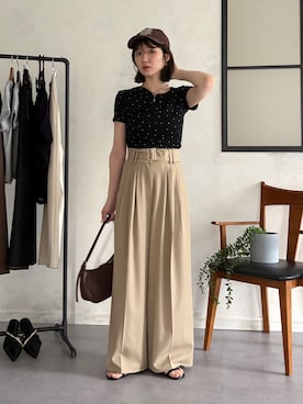 「Thevon（ゼボン）のドットドレープTシャツ（Tシャツ/カットソー、ブラック系）」を使った、omochiさん（レディース・154cm）の夏コーディネート