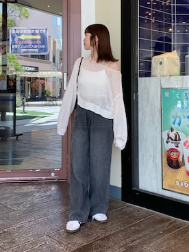 「Thevon（ゼボン）の【2サイズ展開／身長別サイズ比較動画あり】ハイウエストワイドデニム（デニムパンツ）」を使った、omochiさん（レディース・154cm）の夏コーディネート